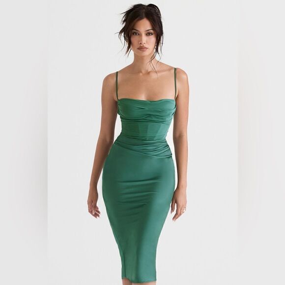 House of Cb Teia Forest Draped Corset Midi Green Dress Tank Size XS - Picture 7 of 12